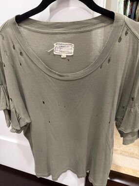 Current/Elliott Olive Ruffle Sleeve Distressed Tee